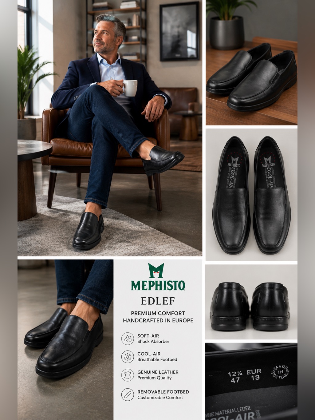 Men’s Mephisto Edlef Black Leather Slip-On Loafers Us 13